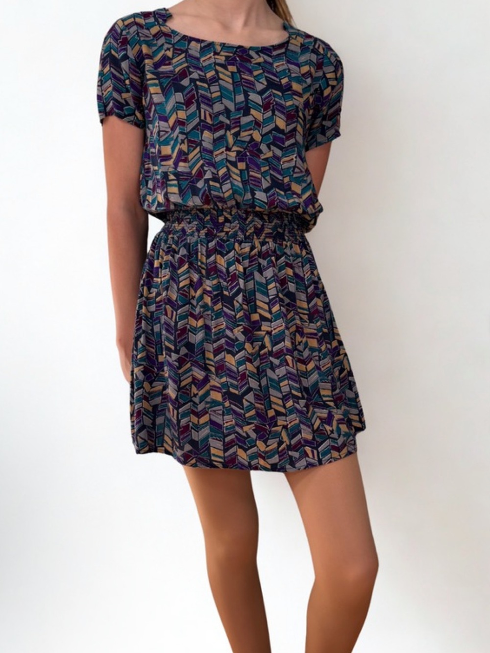 90s dELiA*s Vintage Chevron Geometric Dress - Teal, Purple, Mustard, Gray